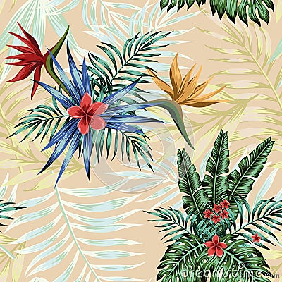 Tropical composition flowers leaves seamless pattern background Vector Illustration