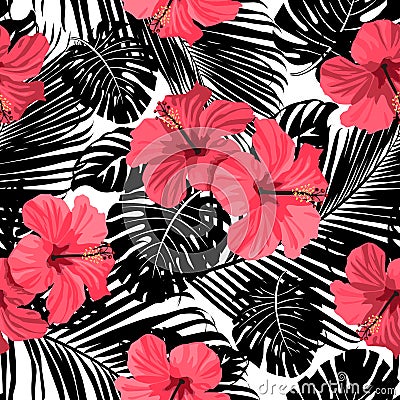 Tropical coral flowers and leaves on black and white background. Vector Illustration