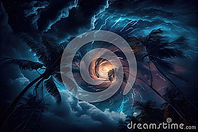 tropical cyclone with dramatic lightning and thunderstorm, against starry night sky Stock Photo