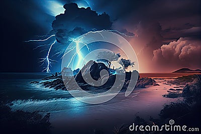 tropical cyclone, with lightning flashes and thunder overhead, on remote island Stock Photo