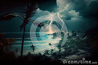 tropical cyclone, with lightning and thunderstorm, over tropical island Stock Photo