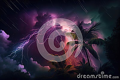 tropical cyclone with torrential rain and thunderstorms in the night sky Stock Photo
