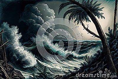tropical cyclone with view of stormy sea and rough waves Stock Photo