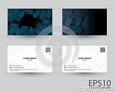 Tropical dark blue leaf pattern background namecard. Vector Illustration