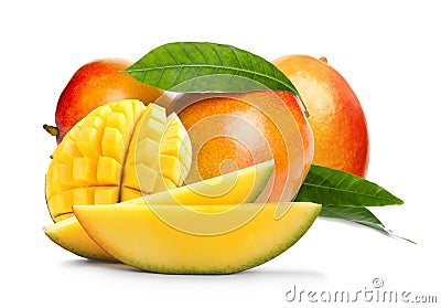 Tropical delicious ripe mangoes on white Stock Photo