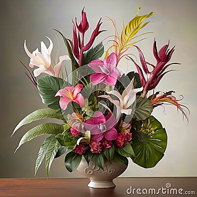 Tropical Delight: An Exotic Bouquet of Orchids, Birds of Paradise, and Palm Leaves Stock Photo