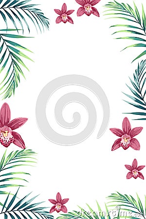 Tropical design border frame template with green jungle palm tree leaves and exotic orchid flowers couple. Cartoon Illustration