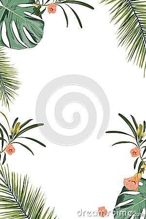 Tropical design border frame template with green jungle palm tree monstera leaves and exotic flowers couple. Text placeholder. Cartoon Illustration