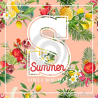 Tropical Design with Exotic Fruits. Summer Composition with Pineapple, Banana and Palm Leaves for Fabric, Posters, Cover Vector Illustration