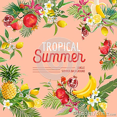 Tropical Design with Exotic Fruits. Summer Composition with Pineapple, Banana and Palm Leaves for Fabric, T-shirt Vector Illustration