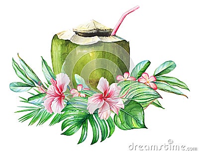 Tropical design with watercolor plants, flowers and a coconut with pink straw Stock Photo