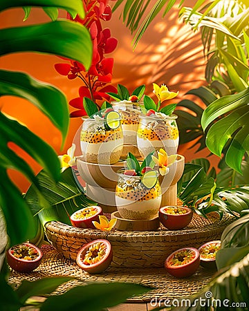 A tropical dessert with fruit and a bowl of ice cream Stock Photo