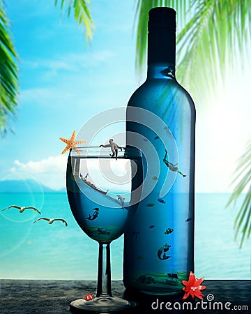 Tropical dream paradise island underwater world in the bottle Stock Photo