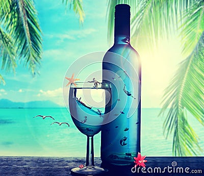 Tropical dream paradise island underwater world in the bottle Stock Photo