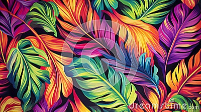 Tropical Dreams in Retrowave: Abstract Leaves Pattern in Vibrant Colors, Generative AI Stock Photo