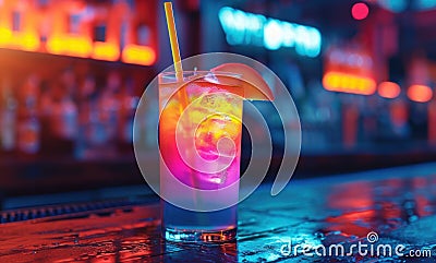 a tropical drink at a bar is shown with a rainbow straw in the middle Stock Photo