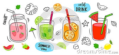 Tropical drinks summer set menu. Cold drinks with hand drawn illustration. Fruit smoothie, cocktails, alcoholic drinks Vector Illustration