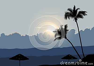 A Tropical Early Morning, Sunrise with Palm Trees Vector Illustration