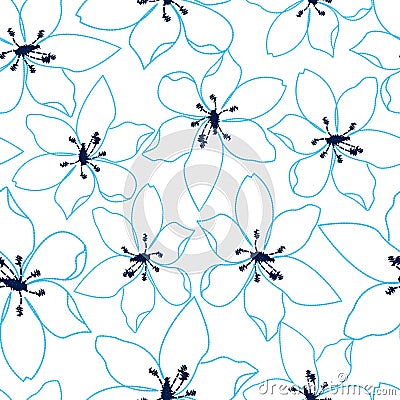 Tropical embroidery blue floral design in a seamless pattern Vector Illustration