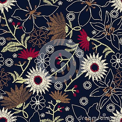 Tropical embroidery floral design in a seamless pattern Vector Illustration
