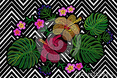 Tropical embroidery flower arrangement. Exotic plant blossom summer jungle. Fashion print textile patch. Hawaii hibiscus plumeria Cartoon Illustration