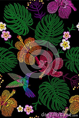 Tropical embroidery flower arrangement. Exotic plant blossom summer jungle. Fashion print textile patch. Hawaii hibiscus plumeria Cartoon Illustration