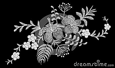 Tropical embroidery flower arrangement. Exotic plant blossom summer jungle. Fashion print textile patch. Hawaii hibiscus plumeria Cartoon Illustration