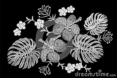Tropical embroidery flower arrangement. Exotic plant blossom summer jungle. Fashion print textile patch. Hawaii hibiscus plumeria Cartoon Illustration