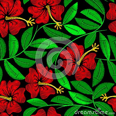 Tropical embroidery hibiscus plant in a seamless pattern Vector Illustration