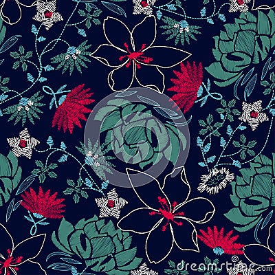 Tropical embroidery lush floral design in a seamless pattern Vector Illustration