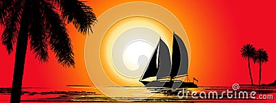 A Tropical Evening. Sunset with Palm Trees and the boat. Landscape view Vector Illustration