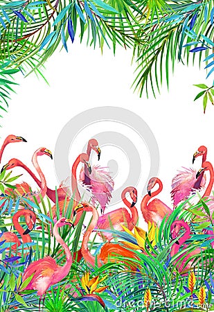 Tropical exotic bird, leaves and flowers. Stock Photo