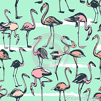 Tropical exotic birds flamingos summer seamless pattern. Pink a Cartoon Illustration