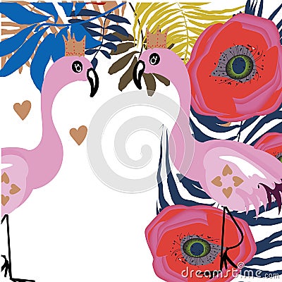 Tropical exotic border frame template with bright green jungle palm tree monstera leaves and pink flamingo birds couple Vector Illustration