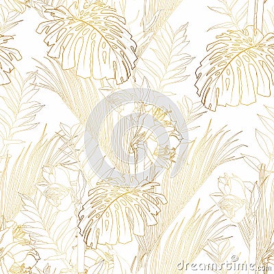 Tropical exotic floral golden line palm leaves and flowers seamless pattern, white background. Stock Photo