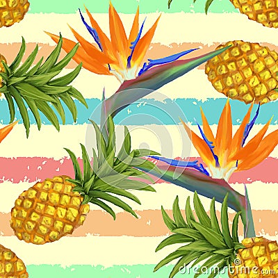 Tropical exotic flowers and pineapple seamless Vector Illustration