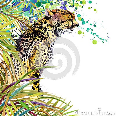 Tropical exotic forest, green leaves, wildlife, cheetah, watercolor illustration. watercolor background unusual exotic nature Cartoon Illustration