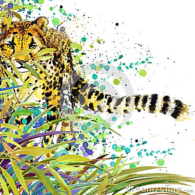 Tropical exotic forest, green leaves, wildlife, cheetah, watercolor illustration. watercolor background unusual exotic nature Cartoon Illustration