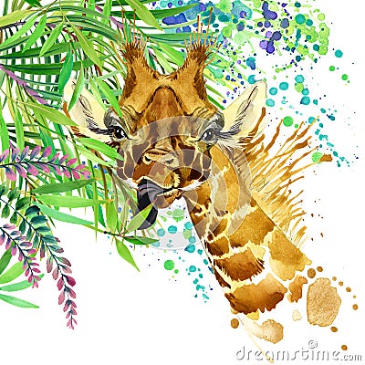 Tropical exotic forest, green leaves, wildlife, giraffe, watercolor illustration. watercolor background unusual exotic nature Cartoon Illustration