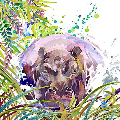 Tropical exotic forest, green leaves, wildlife, hippopotamus, watercolor illustration. watercolor background unusual exotic nature Cartoon Illustration