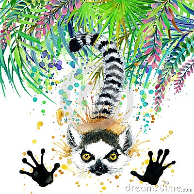 Tropical exotic forest, green leaves, wildlife, lemur, watercolor illustration. watercolor background unusual exotic nature Cartoon Illustration