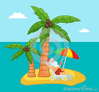 Tropical exotic island with relaxing Santa Claus drinking delicious cocktail at beach, enjoy of rest Vector Illustration