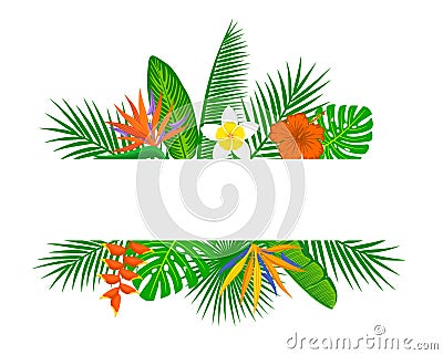 Tropical exotic leaves and flowers plants background. Vector Illustration