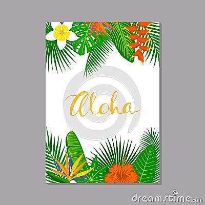 Tropical exotic leaves and flowers plants vertical border frame background Vector Illustration