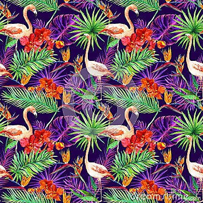 Tropical exotic leaves, orchid flowers, neon light. Seamless pattern. Watercolor Stock Photo