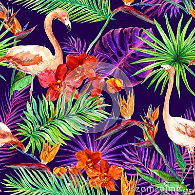 Tropical exotic leaves, orchid flowers, neon light. Seamless pattern. Watercolor Stock Photo