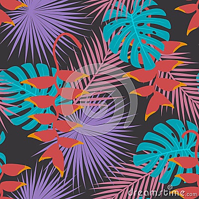 Tropical exotic palm mostera leaves heliconia hanging flower art seamless pattern. Vector Illustration