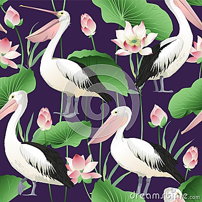Tropical exotic print with pelicans, lotus flowers and leaves. Vector Illustration