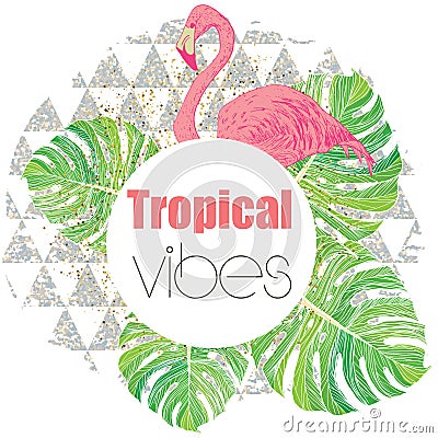 Tropical exotic summer print with palm leaves and flamingo Vector Illustration
