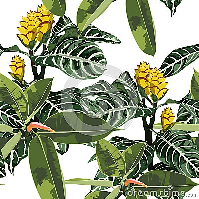 Tropical exotic tender lovely yellow flowers, ficus plant, green floral summer seamless pattern illustration. Cartoon Illustration